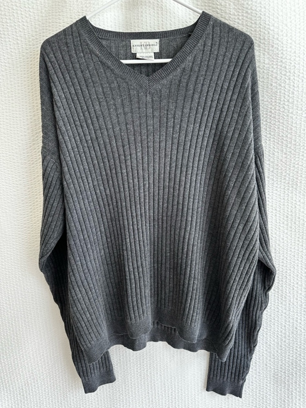 KNIGHTSBRIDGE Gray Ribbed V-Neck Sweater Men’s Large Long Sleeve Pullover Casual